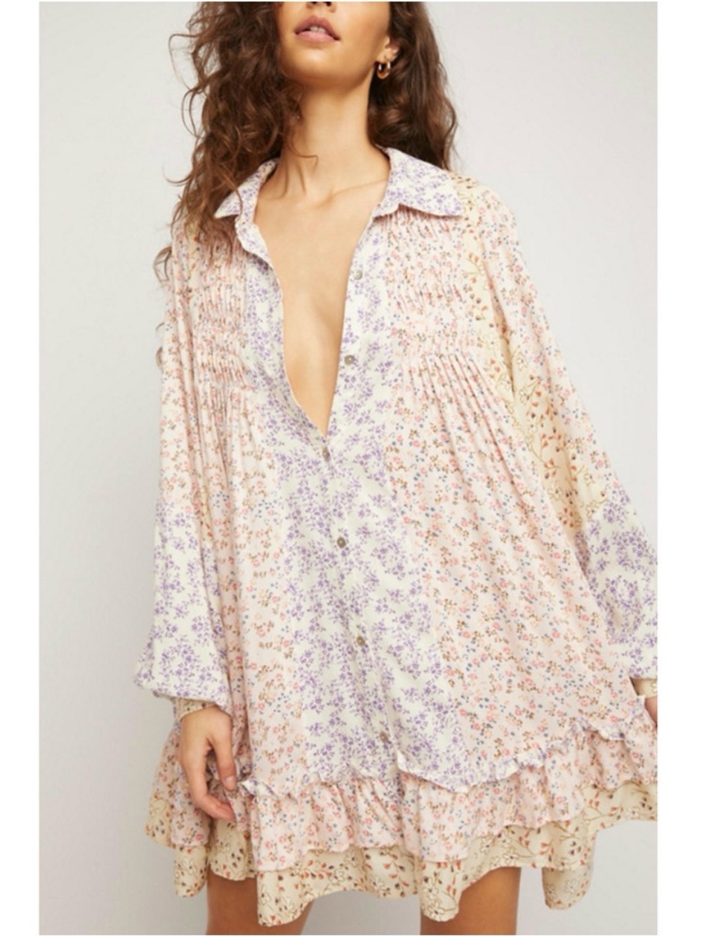 Free People Lost In You Printed Tunic Blouse Mini Dress Light Floral Combo